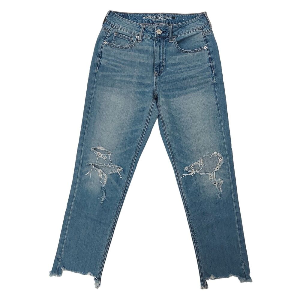 American Eagle High Rise Tomgirl Jeans Womens 2 Blue Distressed Raw Hem Regular